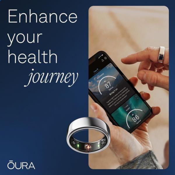 A square-format static ad showing a user interacting with a health tracking mobile app while wearing the Oura ring.